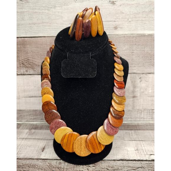 Vintage Exotic Boho Graduated Brown Wooden Disc Necklace Bracelet Statement Gift - Picture 1 of 6